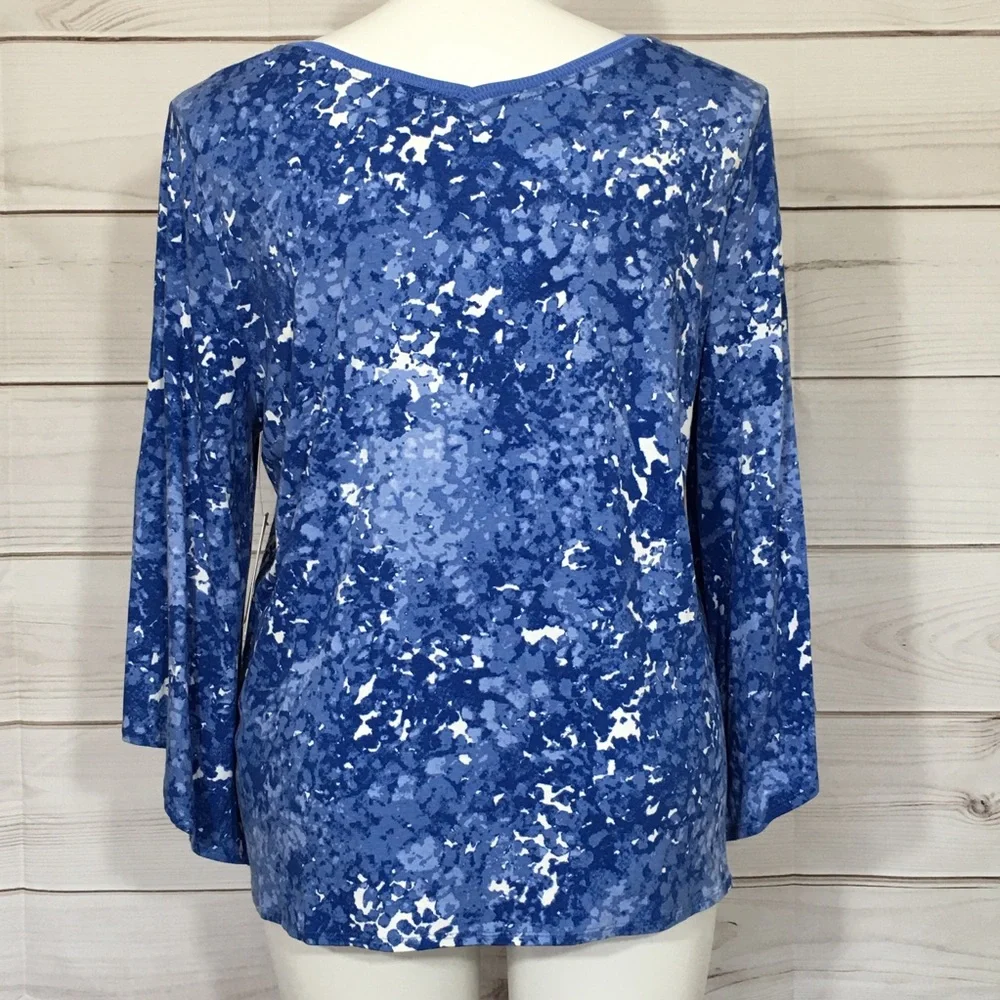 NWT Halston Blue White Bell Sleeve Tunic Top - Picture 3 of 6